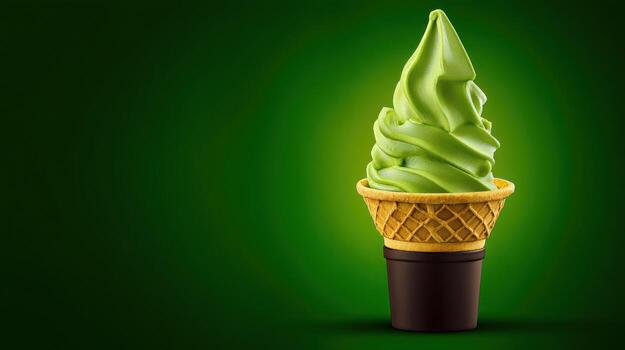 Green swirl soft serve ice cream cone against a dark green background photo