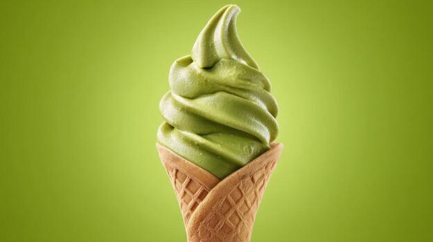 Green tea soft serve ice cream cone against a vibrant green background photo