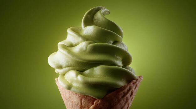 Green matcha soft serve ice cream in a waffle cone against a green backdrop photo