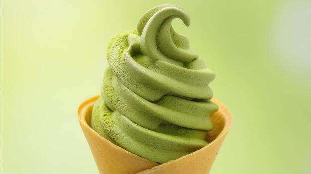 Green tea soft serve ice cream cone on a light green background photo