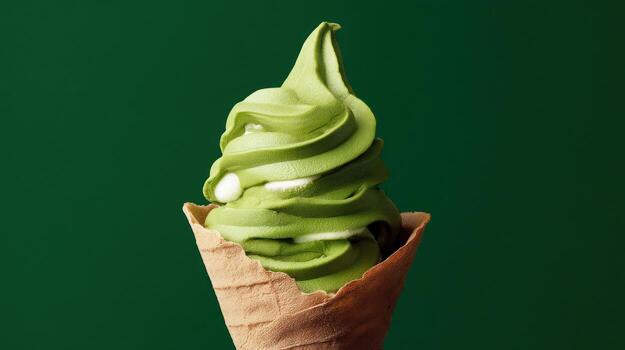 Green tea soft serve ice cream cone on a green background for advertisement photo