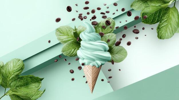 - ice cream cone surrounded by coffee beans and greenery on -background photo