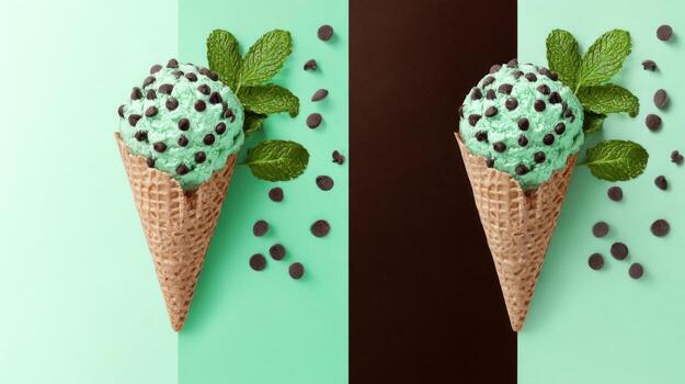 Mint chocolate chip ice cream cones with fresh mint on split background photo