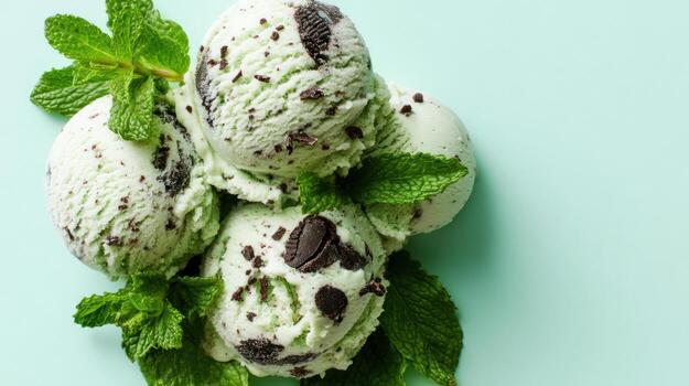 Mint chocolate chip ice cream scoops with fresh mint leaves overhead view photo