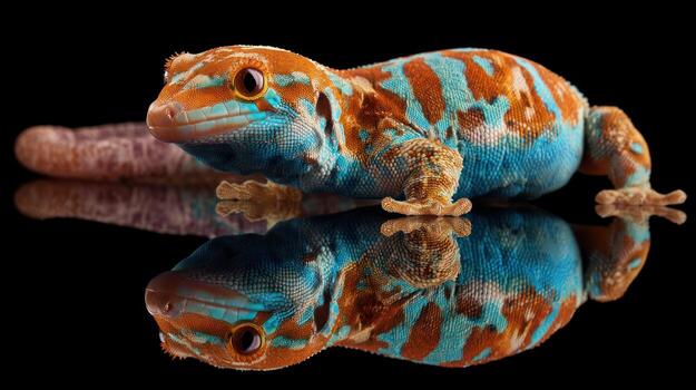 Vibrant gecko displaying detailed markings with reflection against black photo