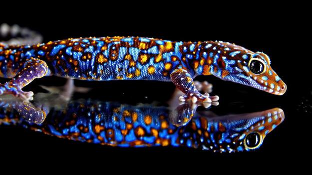 Vibrant gecko with reflective surface detailed close up in studio lighting photo
