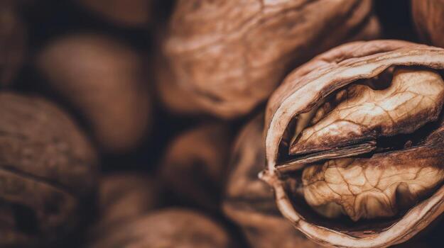 Close up macro shot of walnuts revealing texture and rich brown color photo