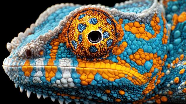 Close up of a colorful chameleon with patterned skin against a black background photo