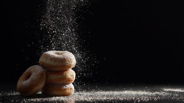 Stack of donuts with powdered sugar falling against a dark background photo