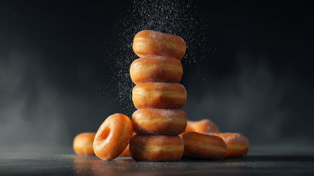 Stack of fresh glazed donuts with powdered sugar falling against a dark background photo