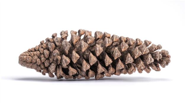 Close up of a weathered pinecone isolated on a clean white background photo