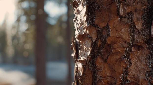 Close up of tree trunk with textured bark against a blurred forest background photo