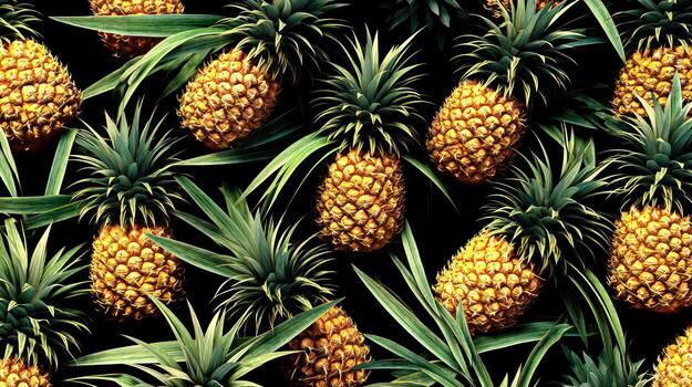 Abundant pineapples with green leaves against a dark background composition photo