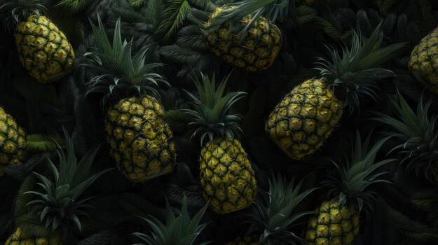 Fresh pineapples with green leaves overhead view natural food background photo