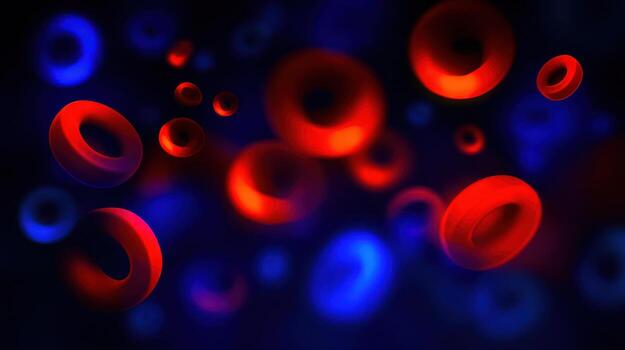 Abstract illustration of glowing red and blue circles against a dark background photo