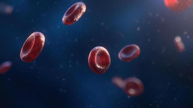 Close up of red blood cells floating in a dark blue fluid environment photo