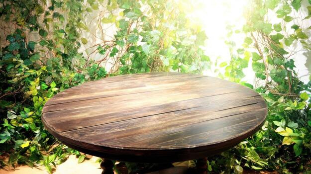 An empty table in front of a green wall photo