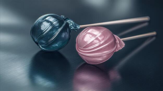 Close up of two colorful lollipops with transparent packaging on reflective surface photo