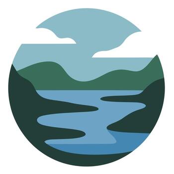 Tranquil flat design landscape featuring mountains, calm lake, and soft clouds within a circular frame. Peaceful natural scenery for background or emblem. vector