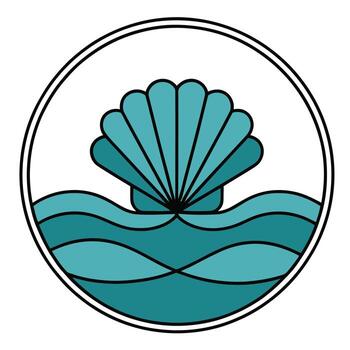 Minimalist seashell ocean waves circle icon. Outline scallop shell with calm blue water in round frame. Flat design coastal motif, aquatic nature symbol. vector