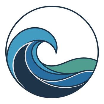 Stylized blue and green ocean wave captured in a circular frame, depicting dynamic water motion. Vibrant design representing aquatic elements. vector