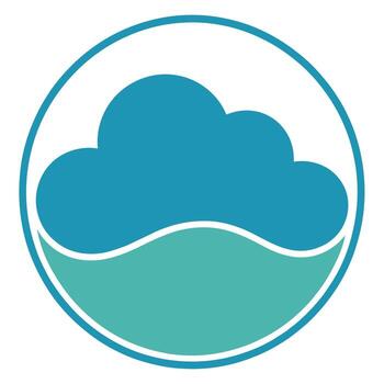 Minimalist cloud and water wave graphic in a clean circular frame, representing weather, hydration, and natural elements, simple sky and sea emblem. vector