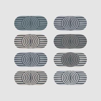 Abstract oval shapes with a striped pattern in muted pastel and gray tones on a light gray background, creating a modern aesthetic vector