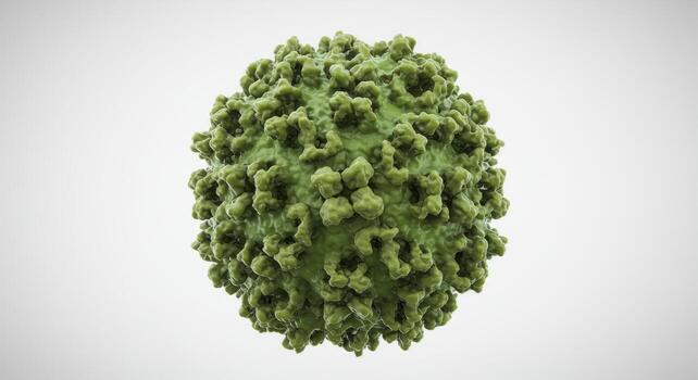 3D rendering of a green virus particle or microorganism on a white background, representing microscopic biology. photo
