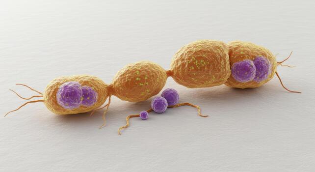 Detailed microscopic view of chain-linked bacteria cells with distinct purple internal structures. photo