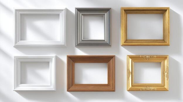 Collection of Various Empty Picture Frames Hanging on White Wall, Home Decor Display photo