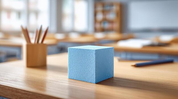 Blue Foam Cube in Classroom Setting Educational Tool for Math, Science, and Creative Learning photo
