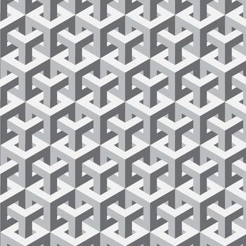 Seamless isometric 3D geometric pattern with interlocking cubes and Y-shapes in gray tones. Modern optical illusion design perfect for backgrounds, architecture, and graphic projects. vector