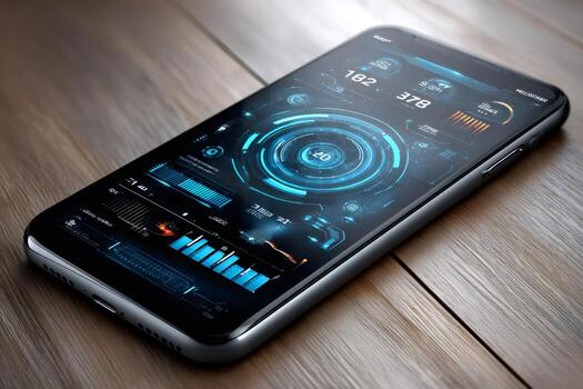 Smartphone displaying futuristic data interface and concept technology photo