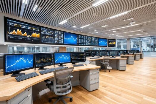 Trading room with multiple screens displaying financial data photo