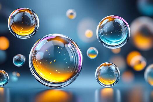 Bubbles containing colorful liquid and sparkling particles floating photo