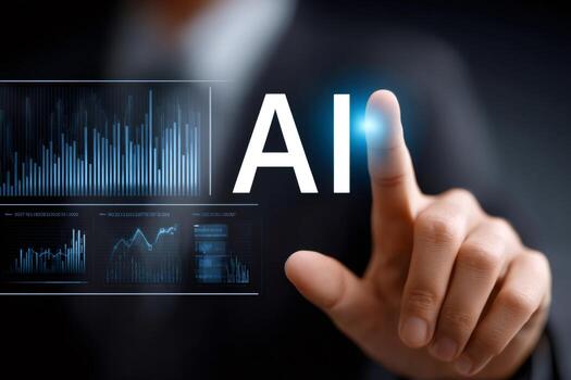 Businessperson touching ai interface, interacting with data analytics photo