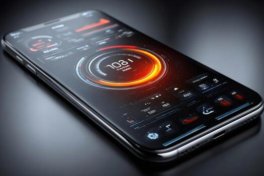 Smartphone displaying futuristic digital user interface dashboard photo
