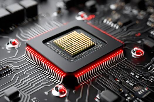 Computer processor unit operating on circuit board photo