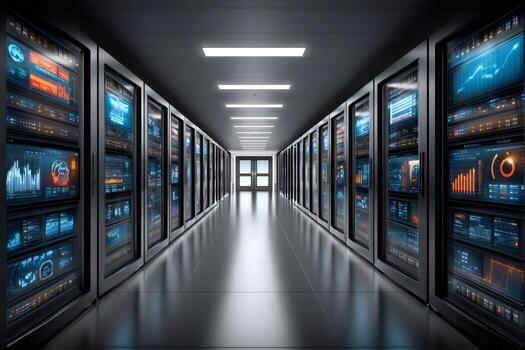 Server room corridor showing data processing and network technology photo