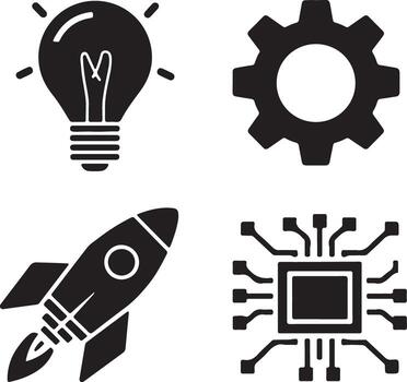 idea Generacion bombilla, engranaje, cohete, y pastilla simbolos vector