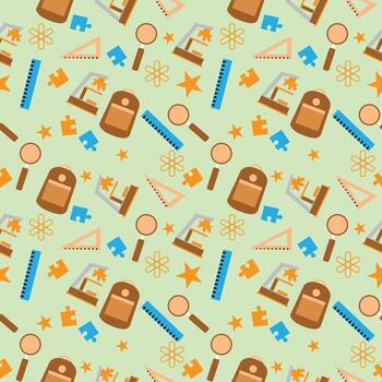 Seamless school and science pattern featuring microscopes backpacks rulers magnifiers puzzle pieces and stars on green background perfect for educational design and stationery projects vector