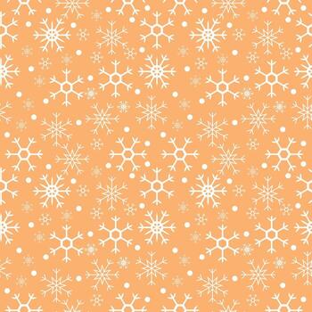 sin costura invierno copo de nieve modelo presentando blanco copos y puntos en naranja antecedentes Perfecto para envase papel fondo de pantalla tela huellas dactilares y estacional decorativo diseño proyectos vector