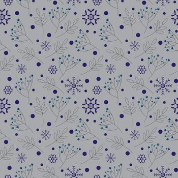 sin costura elegante invierno modelo presentando copos de nieve hojas y bayas en suave gris antecedentes Perfecto para envase papel fondo de pantalla tela y estacional decorativo diseño proyectos vector
