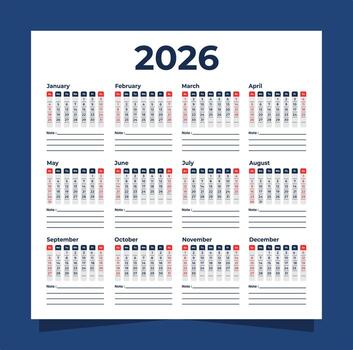 Modern minimalist 2026 yearly calendar template with clean layout, monthly planner, and note space. 12 months calendar template. vector