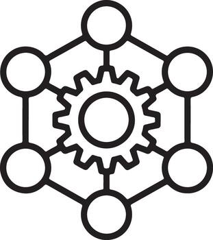 Abstract network of connected nodes surrounding a central gear mechanism vector
