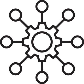 Central gear connected to multiple nodes representing network or system integration vector