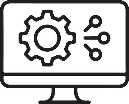 Computer screen displaying a gear and network nodes representing technology and data flow vector