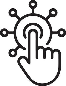 Digital interaction hand touching interactive touchscreen interface with connected network nodes vector