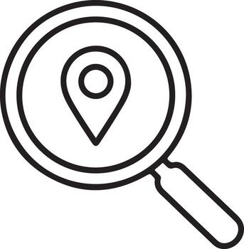 Magnifying glass icon with a location pin symbol inside for search and navigation vector