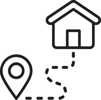 Location pin and house icon connected by dashed line representing navigation vector